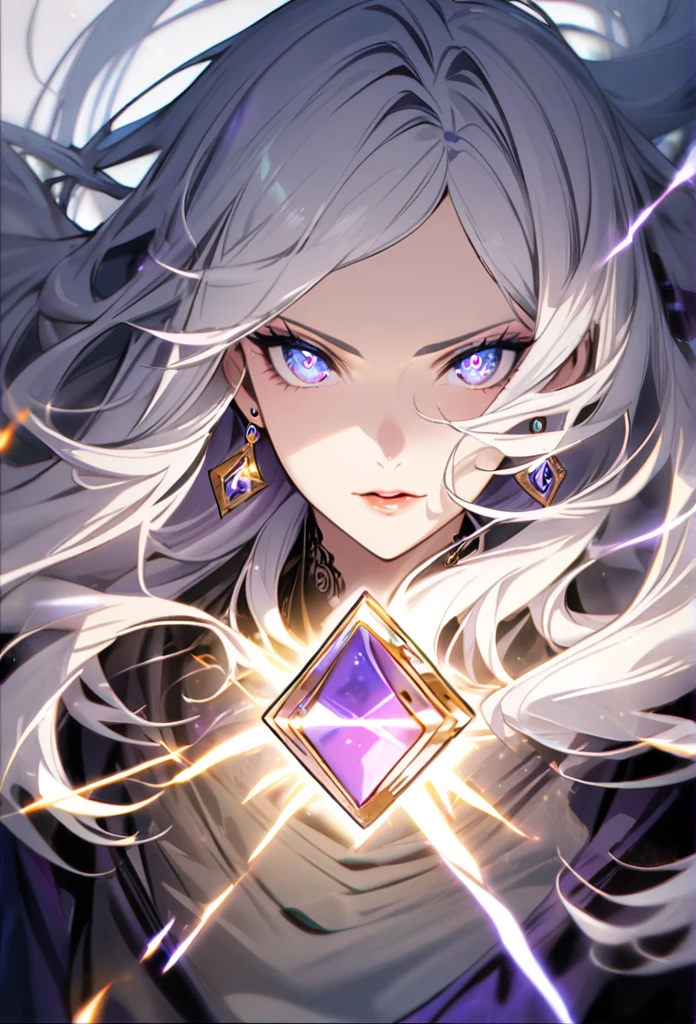woman, blue eyes,  long hair, white hair, mature, god eyes, diamond earings, glowing right eyes, purple eyes
