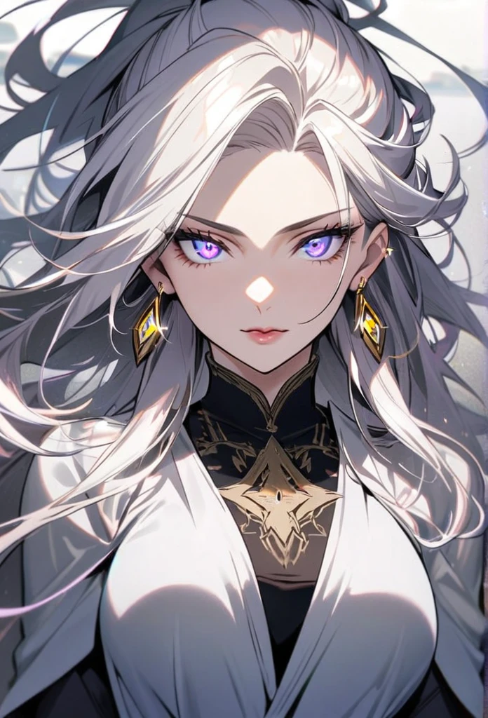 woman, blue eyes, long hair, white hair, mature, god eyes, diamond earings, glowing right eyes, purple eyes