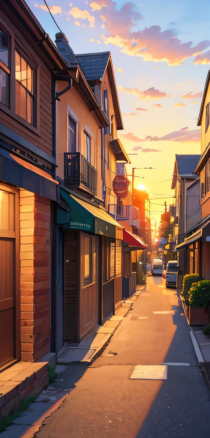 background,Streetscape,street,sunset,warm color,from the front,Colored pencil tone