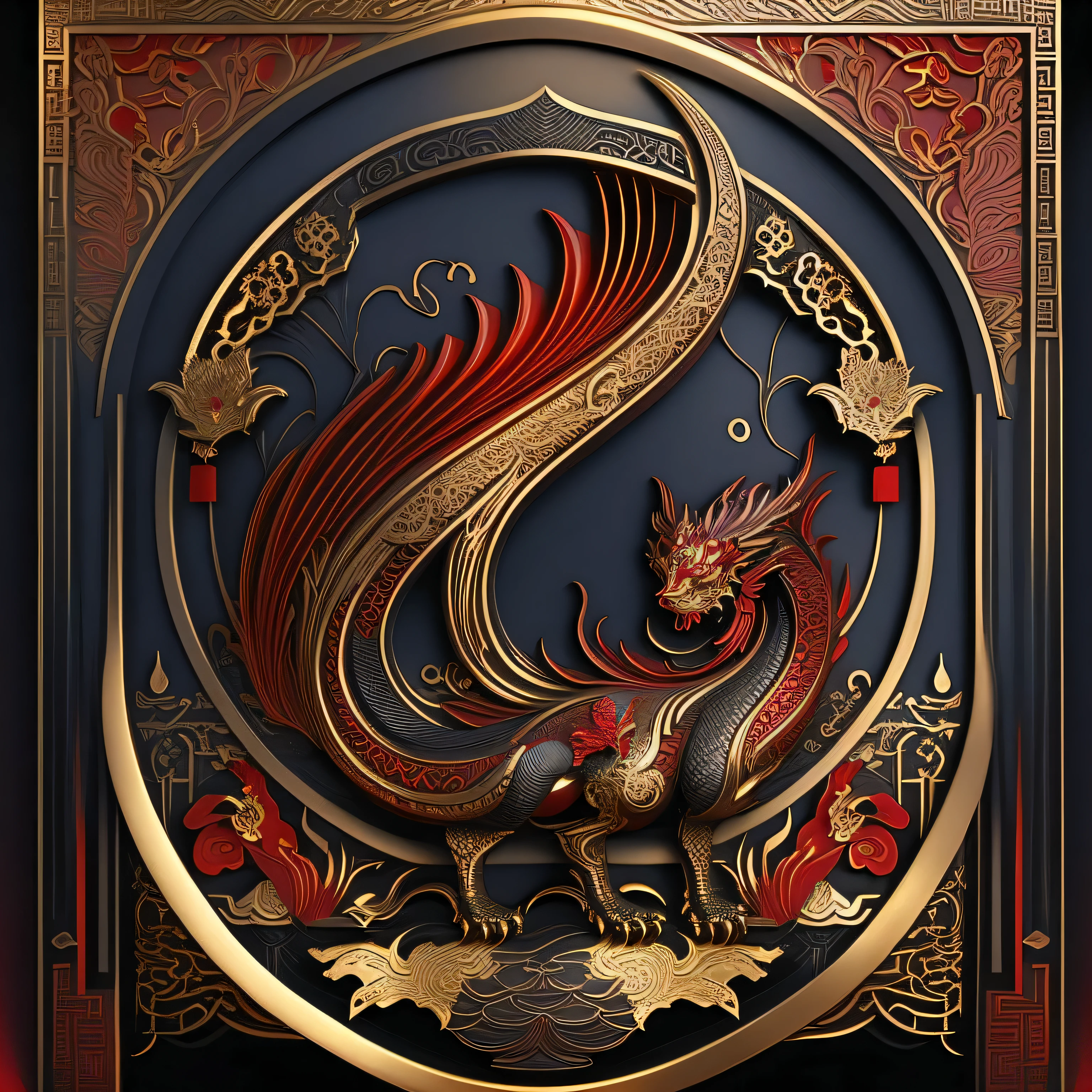 crimson and gold, chinese dragon, head, sculpture, Matte deep red, gold plating, volume shadow, artificial pattern, Surrounded by an intricate decorative border., Matte deep red and gold ornament, highly detailed digital art, 3D rendering, 16
