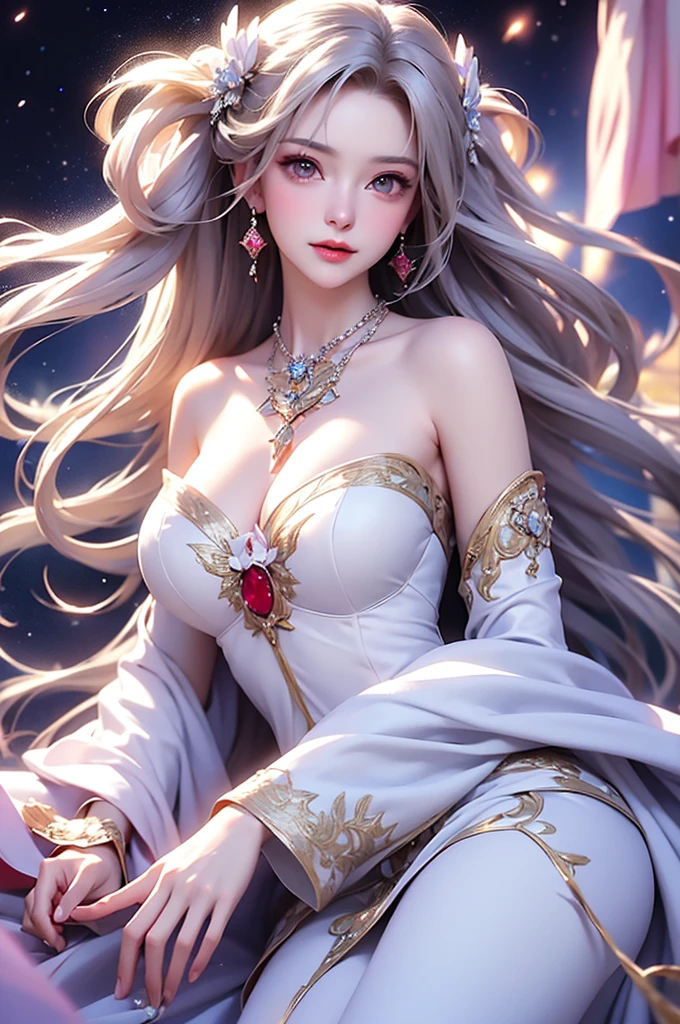 (masterpiece:1.5, Highest quality, Very detailed、 Dutch Angle、Semi-realistic、Fantasy)(One Girl, alone)(White and beautiful hair:1.6,,Straight Long Hair)(White based dress、Fantasyの衣装)、((Off the shoulder、Mid-chest、ruby necklace))(Beautiful cleavage、Legs wrapped in tights)(Beautiful starry sky、Mystical Night、Particles of light float around the woman、Fantasy space) Waiting to start