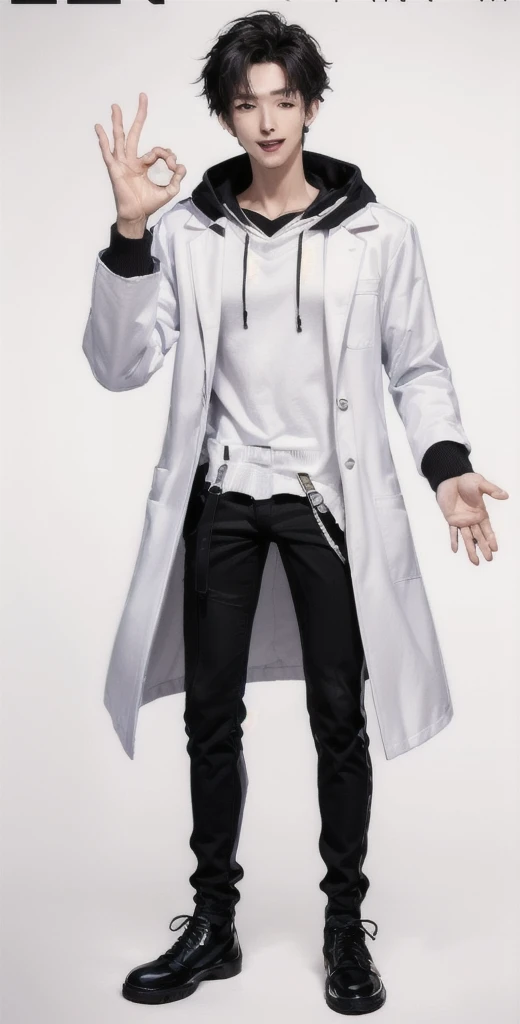 (OK Sign.:1.4),(photorealistic:1.2), (high detail face:1.3), (high detail hands:1.3), (anatomically correct hands:1.2), handsome young asian man, Japanese idol style, short clean-cut hair, ((center part)), (crisp white lab coat:1.3), ((black hoodie underneath:1.2)), (black pants:1.2), (black shoes:1.2), (enthusiastic expression:1.3), ((explain pose:1.4)), (both arms raised:1.3), (clenched fists:1.3), (energetic stance:1.2), plain white background, mid-shot portrait, full body view, high quality, detailed, 8K, (realistic skin texture:1.2), (sharp focus:1.1), (contrast between white coat and black clothing:1.2)