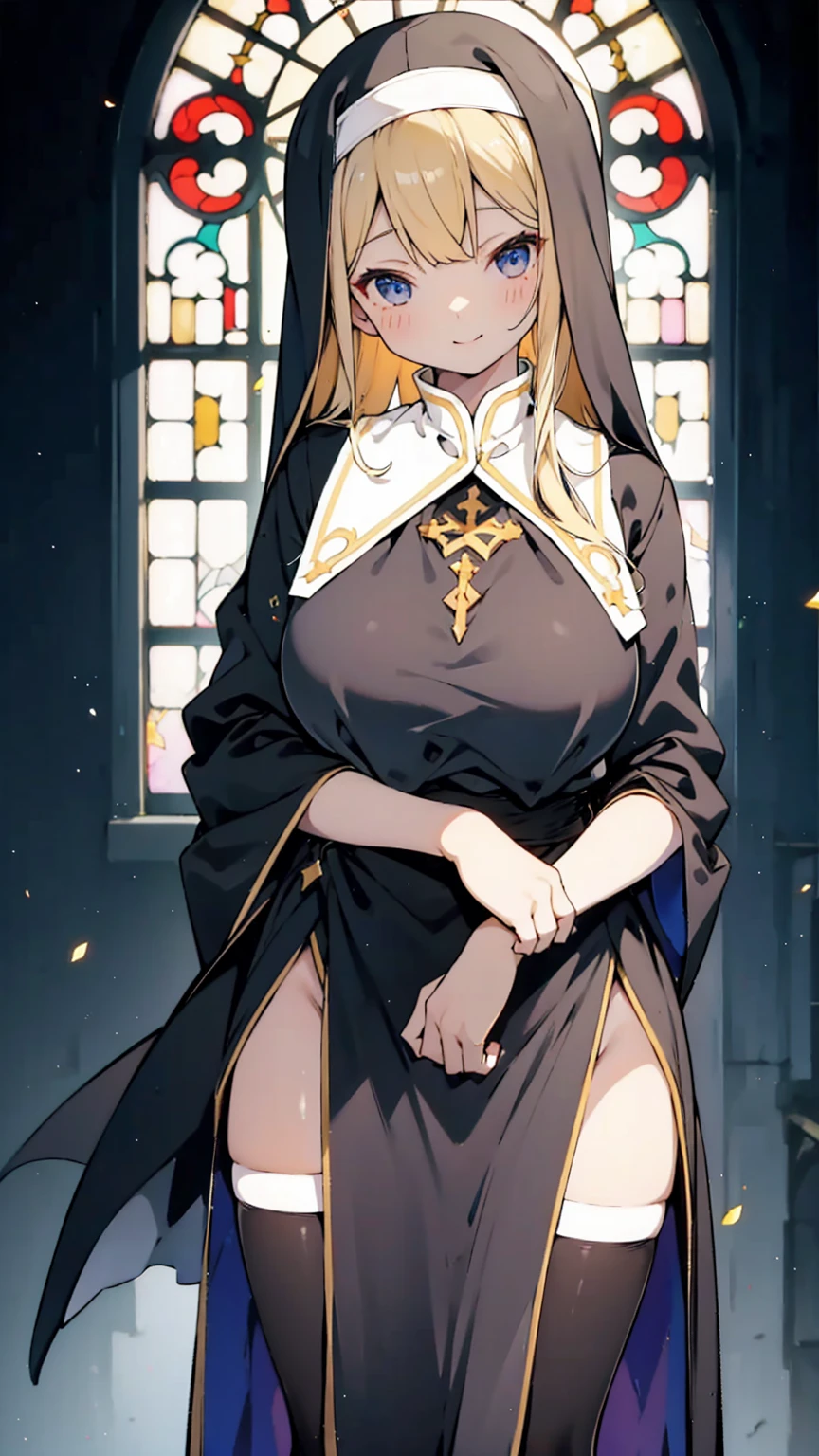 nun，nun服，黑白nun服，Colored hair，nun头巾，Big breasts，Full of figure，Close-up above the waist，Upper body close-up，Church Background，Stained window glass，Mosaic art background，nun，高开叉nun长袍，Robe hem，The front of the robe，The front of the robe hangs down，Knee socks，Knee socks，Knee socks，黑色过膝Silk socks，Silk socks，High slit robe，Silk socks，Knee socks，Prayer posture，Hands together，Prayer Posture，Prayer，Joining hands in prayer，Leg ring，sock，Prayer posture，Robe hem，Long hem，Flesh，Long skirt，Long skirt，Long skirt，Long front robe，Front of robe，Long blond hair，blond，cute，gentle，Smile，慈爱的Smile，Wide crotch，Wide crotch，Thin waist，Flesh大腿