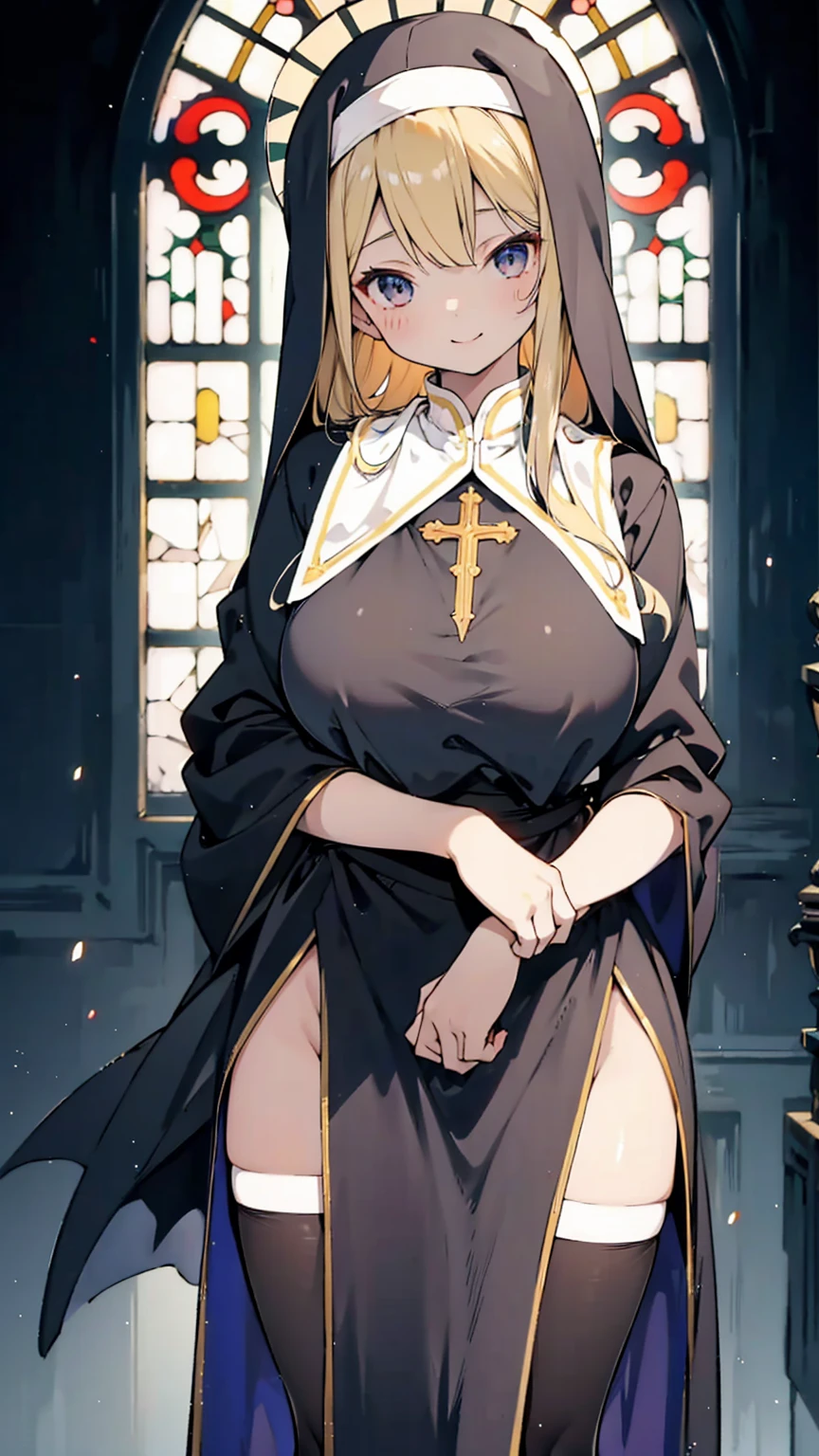 nun，nun服，黑白nun服，Colored hair，nun头巾，Big breasts，Full of figure，Close-up above the waist，Upper body close-up，Church Background，Stained window glass，Mosaic art background，nun，高开叉nun长袍，Robe hem，The front of the robe，The front of the robe hangs down，Knee socks，Knee socks，Knee socks，黑色过膝Silk socks，Silk socks，High slit robe，Silk socks，Knee socks，Prayer posture，Hands together，Prayer Posture，Prayer，Joining hands in prayer，Leg ring，sock，Prayer posture，Robe hem，Long hem，Flesh，Long skirt，Long skirt，Long skirt，Long front robe，Front of robe，Long blond hair，blond，cute，gentle，Smile，慈爱的Smile，Wide crotch，Wide crotch，Thin waist，Flesh大腿