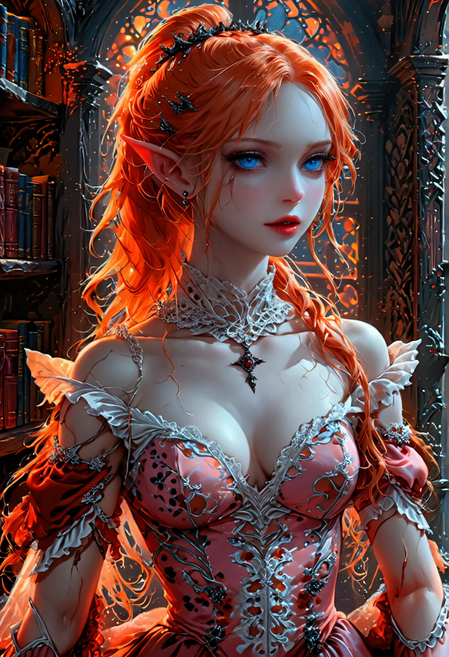 arafed a picture of elf vampire in her castle. an exquisite beautiful, busty, female elf vampire (ultra details, Masterpiece, best quality), full body, ((anatomically correct: 1.5) bloody mouth, orange hair, pale skin, hair in a ponytail, long hair, blue eyes, (small pointed ears: 1.2), cold eyes, smirking, wearing pink dress (ultra details, Masterpiece, best quality), red cloak, wearing high heels, in dark fantasy library, book shelves, vibrant, Ultra-high resolution, High Contrast, (masterpiece:1.5), highest quality, Best aesthetics), best details, best quality, highres, ultra wide angle, 16k, [ultra detailed], masterpiece, best quality, (extremely detailed) RAW, dark fantasy art, gothic art, wearing Haute_Couture designer dress, Dark Novel, Dark Art Painting Style, dripping blood, hud_s1n, short black dress, long sleeves, veil, thighhighs, digital painting, Bloodborne