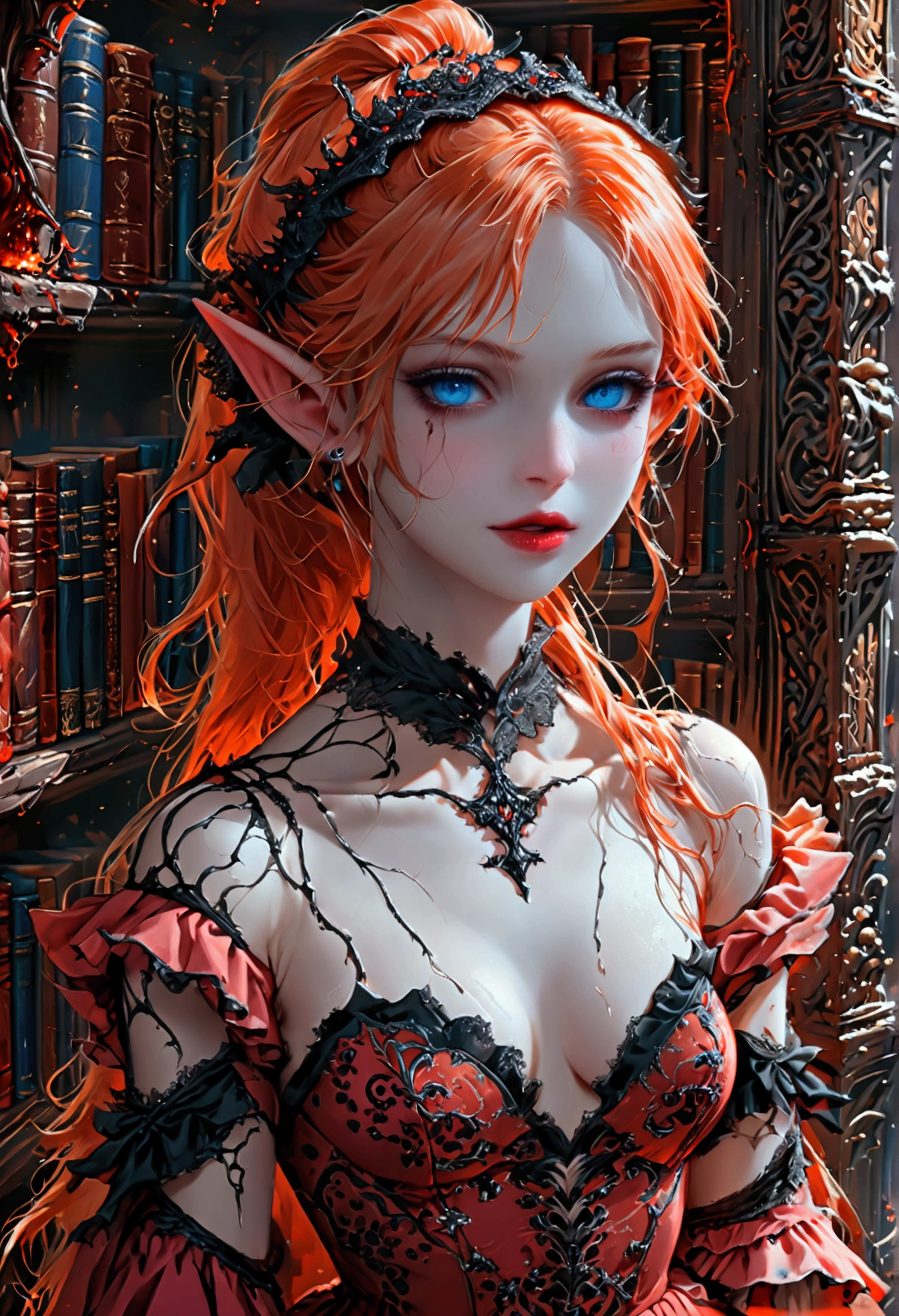 arafed a picture of elf vampire in her castle. an exquisite beautiful, busty, female elf vampire (ultra details, Masterpiece, best quality), full body, ((anatomically correct: 1.5) bloody mouth, orange hair, pale skin, hair in a ponytail, long hair, blue eyes, (small pointed ears: 1.2), cold eyes, smirking, wearing pink dress (ultra details, Masterpiece, best quality), red cloak, wearing high heels, in dark fantasy library, book shelves, vibrant, Ultra-high resolution, High Contrast, (masterpiece:1.5), highest quality, Best aesthetics), best details, best quality, highres, ultra wide angle, 16k, [ultra detailed], masterpiece, best quality, (extremely detailed) RAW, dark fantasy art, gothic art, wearing Haute_Couture designer dress, Dark Novel, Dark Art Painting Style, dripping blood, hud_s1n, short black dress, long sleeves, veil, thighhighs, digital painting, Bloodborne