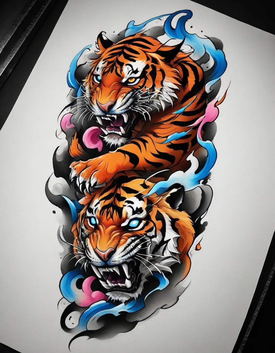 ((solo Tiger)), Traditional Japanese tattoo design, realistic tattoo art of Orange tiger with Blue eyes, he is with open mouth looking very fierce and angry, the background is Japanese wave tattoo with with pink sakura petal effect, (Unity 16K Wallpaper, masterpiece, Best Quality, high quality, Ultra-detailed, extremely details), ((solo Tiger)), Traditional Japanese tattoo design, realistic tattoo art of Orange tiger with Blue eyes, he is with open mouth looking very fierce and angry, the background is Japanese wave tattoo with with pink sakura petal effect, solo Tiger, solo Tiger, solo Tiger, solo Tiger, solo Tiger, Scratching the viewer with fierce claw, Scratching the viewer with fierce claw, Scratching the viewer with fierce claw, Scratching the viewer with fierce claw, Scratching the viewer with fierce claw,