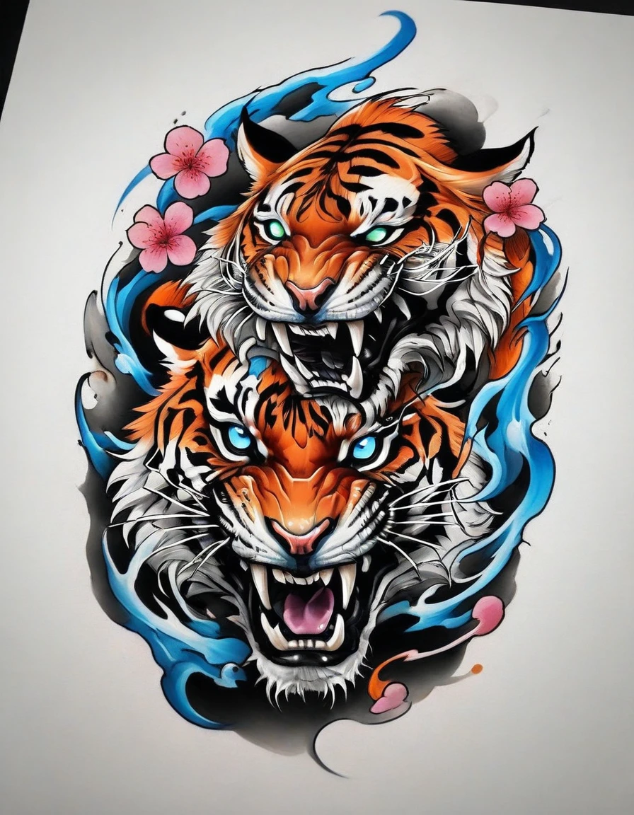 ((solo Tiger)), Traditional Japanese tattoo design, realistic tattoo art of Orange tiger with Blue eyes, he is with open mouth looking very fierce and angry, the background is Japanese wave tattoo with with pink sakura petal effect, (Unity 16K Wallpaper, masterpiece, Best Quality, high quality, Ultra-detailed, extremely details), ((solo Tiger)), Traditional Japanese tattoo design, realistic tattoo art of Orange tiger with Blue eyes, he is with open mouth looking very fierce and angry, the background is Japanese wave tattoo with with pink sakura petal effect, solo Tiger, solo Tiger, solo Tiger, solo Tiger, solo Tiger, Scratching the viewer with fierce claw, Scratching the viewer with fierce claw, Scratching the viewer with fierce claw, Scratching the viewer with fierce claw, Scratching the viewer with fierce claw, 
