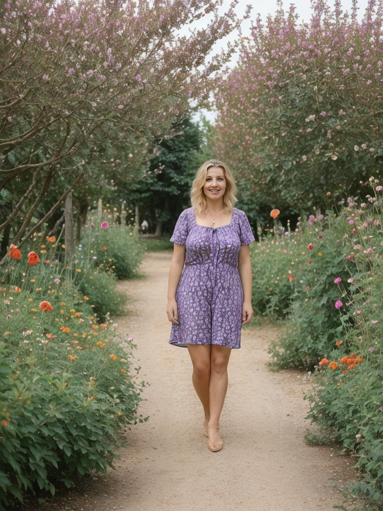 Xyrele, 1girl, solo, 30 years old, (((French face))), (((French nose))), (((French lips))), ((((chubby)))), (((wide hips))), (((blonde hair with a shade))), crinkly medium hair, ((Background: Dordogne countryside flower garden)), ((upper body and upper legs)), wearing purple printed Flowy Tunic Top