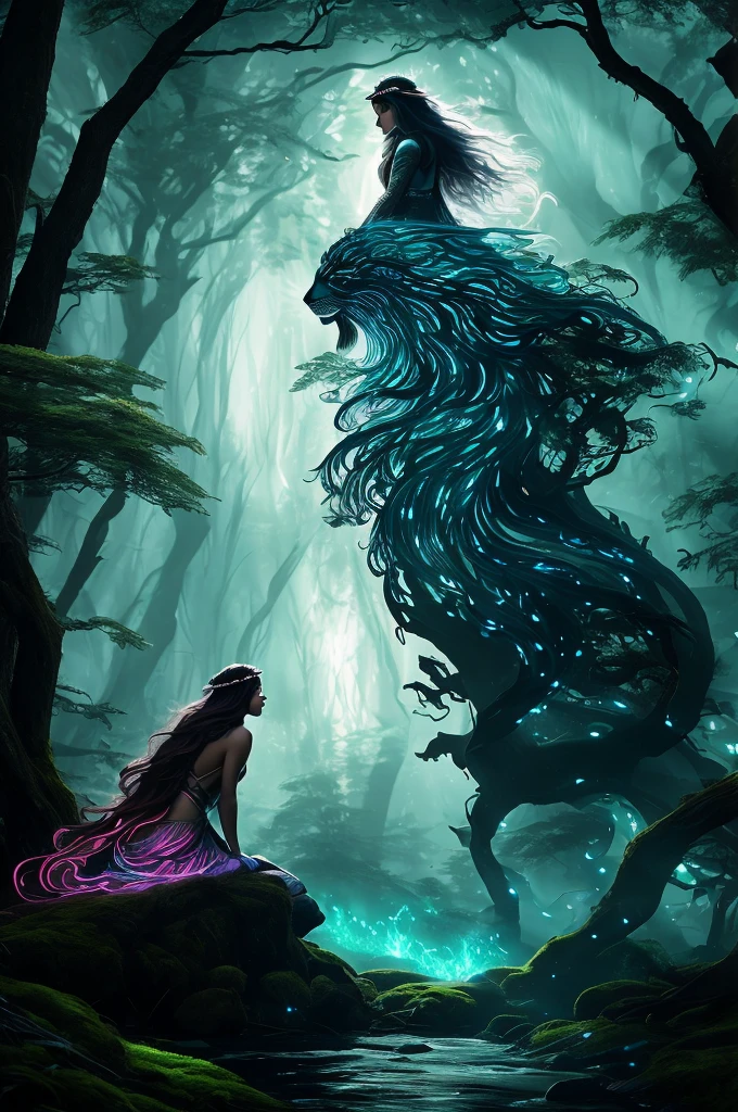 Create an image of a mystical forest at twilight, where a powerful sorceress rides a giant, majestic cat. The woman is clad in flowing robes, with long, flowing hair and eyes like twin moons, holding a staff etched with glowing runes. The giant cat has fur as dark as midnight and eyes glowing like emeralds, moving with silent grace through the bioluminescent forest. The trees are ancient and towering, their branches adorned with shimmering, bioluminescent leaves casting a mystical glow. Mythical creatures peer from the shadows in reverence. In a moonlit clearing, the sorceress and the cat confront a dark, malevolent force, with the woman raising her staff and the cat roaring, ready to defend the balance of their enchanted world.