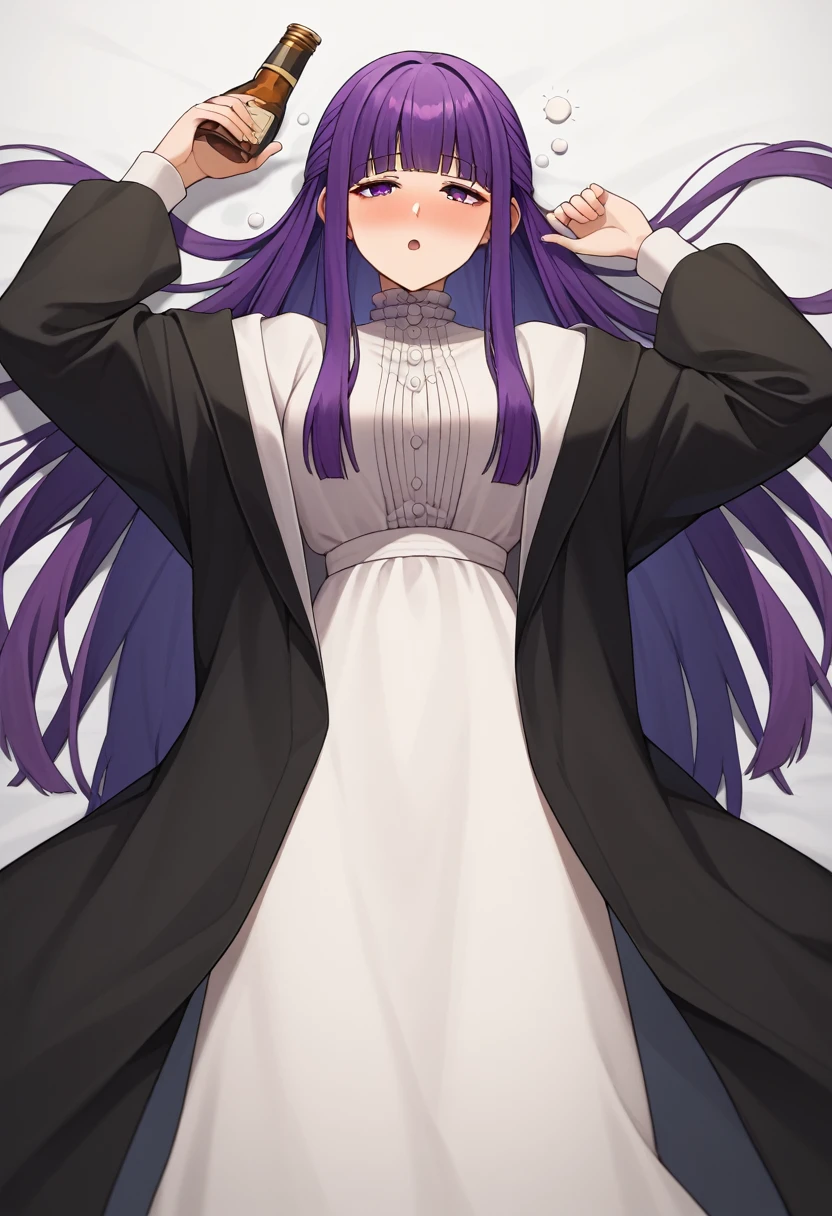 score_9, score_8_up, score_7_up, source_anime, 1girl, fern \(sousou no frieren\), purple hair, long hair, blunt bangs, half updo, open robe, reveal clothes. long dress, drunk, three sided view, gothic 