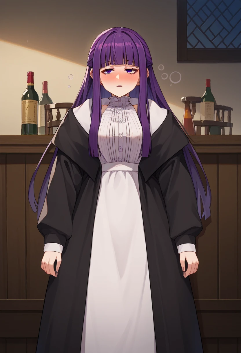 score_9, score_8_up, score_7_up, source_anime, 1girl, fern \(sousou no frieren\), purple hair, long hair, blunt bangs, half updo, open robe, reveal clothes. long dress, drunk, three sided view, gothic 