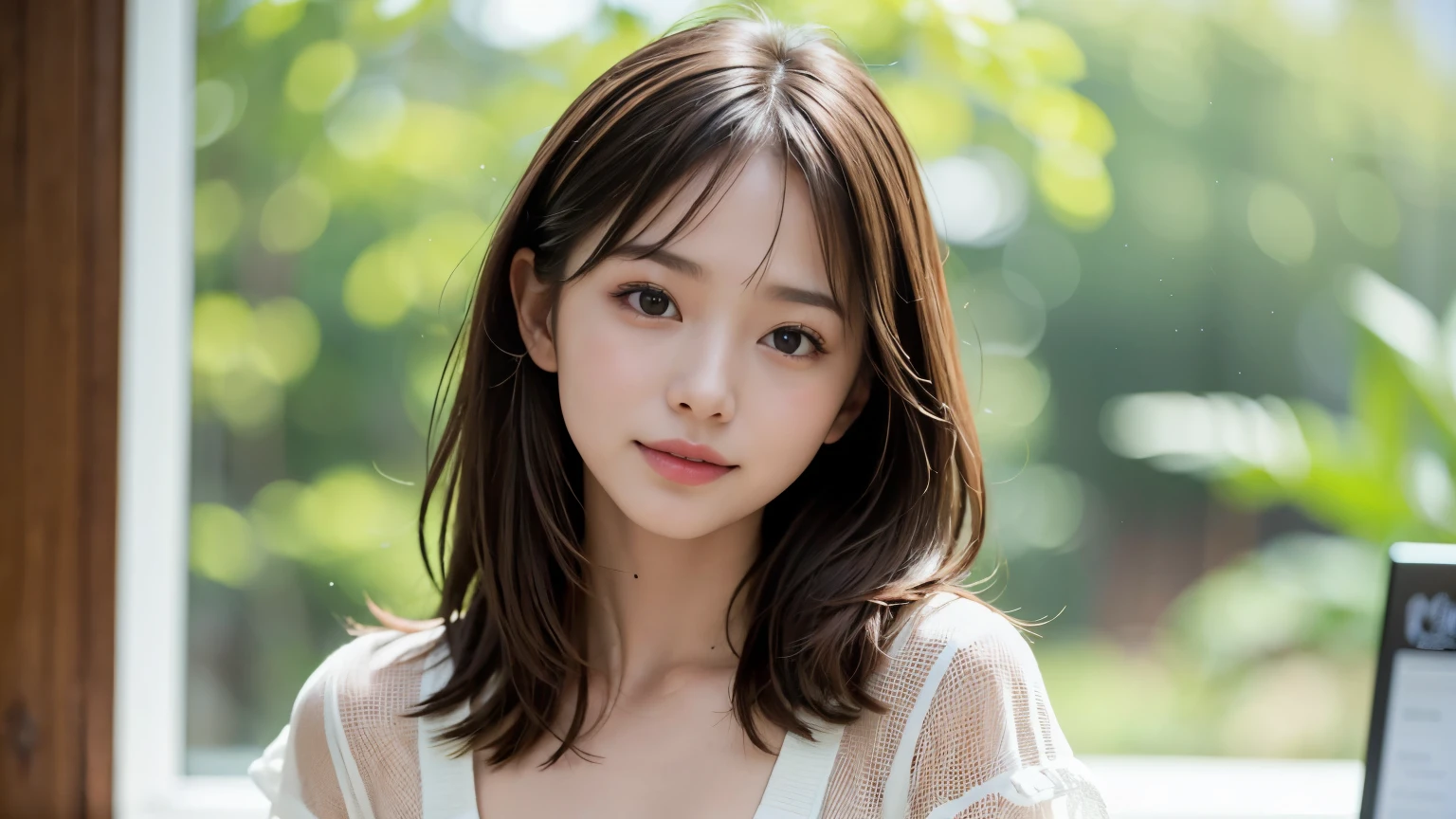super high quality, smile, Slenderのネックレス, Slender, Gravure photoshoot, The staff is working at the counter in the back., (8k、RAW Photos、Highest quality、masterpiece:1.2), Japanese Idol, Stylish café, (Realistic、Photorealistic:1.37), Mesh Hair, Urban Cafe, Golden Ratio, Raw photo, Cute face , Light Brown Hair, Small breasts, Bright cafe interior, Blurred Background, Summer clothes, Beautiful hairstyle, Photographed inside the cafe, Hair blowing in the wind, Neat clothes, T-Shirts, 18-year-old, Stylish clothes,