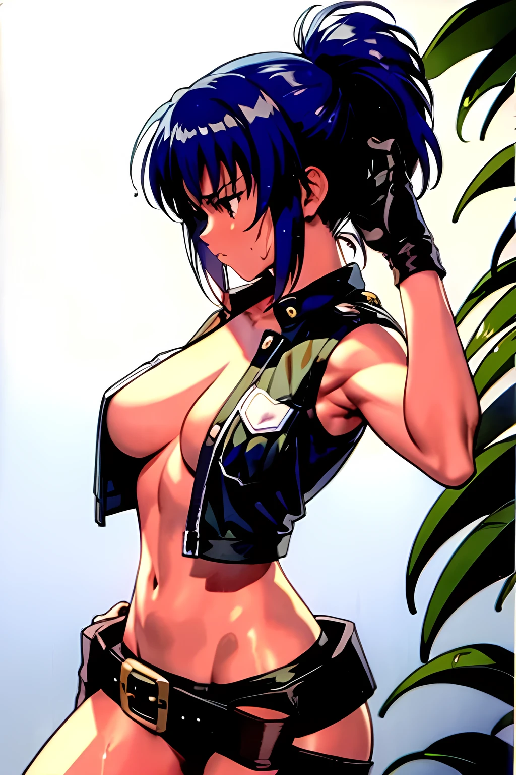 masterpiece, best quality, anime 1990s \(style\, leona heidern, no bra, fully open vest, thong ,jungle, pony tail, wet, serious, gloves, , sleeveless, belt, touching hair.