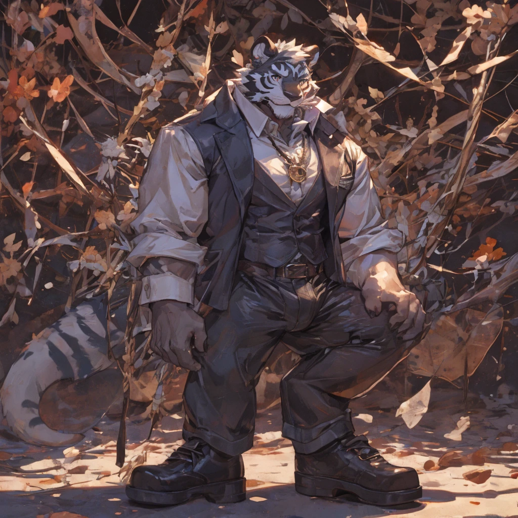 {{bara extremely handsome white tiger,}} {{white fur,}} white, professional model like, wearing elegant ornate suit jacket, trousers, white dress shirt and neck tie, loafers, very tall, very broad shoulders, narrow waist, muscular arms, massive pecs, purple eyes, very long legs, massive bulge, sophisticated hot look, 3/4 view, best quality, high detail, CG image, character splash art, silver earring on left ear, sultry smirk