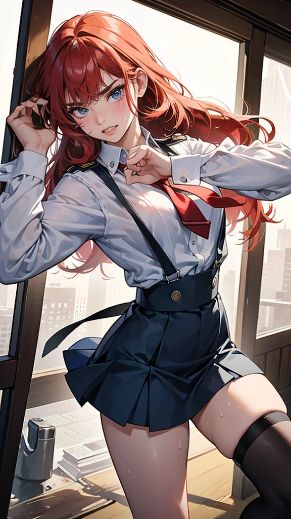 {{masterpiece}}, {{{best quality}}},{{ultra-detailed}}, {{illustration}},{{tall stature}},{{adult women}},{{Fighting stance}},,,{{blushing with anger}},,{{Long sleeve mini skirt uniform}},,,{{blushing with anger}},}{}},{fighting stance}},{},{}, ,{{}},{{Eyelet foot}},,{{From Below }},{{v-shaped eyebrows}},,{{}},{{}},,Slender body}}{{Avoidance}}{{Female police officer}},,,,suspenders ,Long sleeve mini skirt uniform, White High Socks,Black fingerless gloves, Long Red Hair, Red tie,Straight hair ,Blunt bangs,Thigh holster,.amountn loafer,,blush,Wrinkles ,amount,Grit your teeth,suffering,.,Sweat dripping,Medium chest ,get annoyed,,Slums,,Twisting,