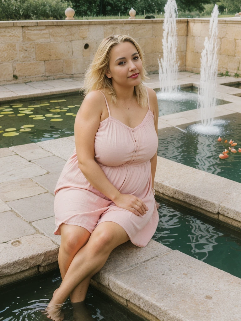 Xyrele, 1girl, solo, 30 years old, (((French face))), (((French nose))), (((French lips))), ((((chubby)))), (((wide hips))), (((blonde hair with a shade))), crinkly medium hair, ((Background: Sitting by the large fountains and ponds)), ((upper body and upper legs)), wearing pink  Flowy Tunic Top