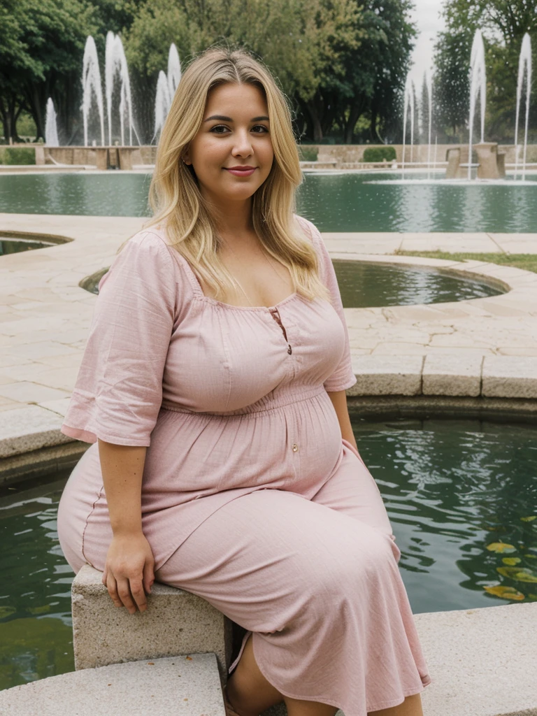 Xyrele, 1girl, solo, 30 years old, (((French face))), (((French nose))), (((French lips))), ((((chubby)))), (((wide hips))), (((blonde hair with a shade))), crinkly medium hair, ((Background: Sitting by the large fountains and ponds)), ((upper body and upper legs)), wearing pink  Flowy Tunic Top