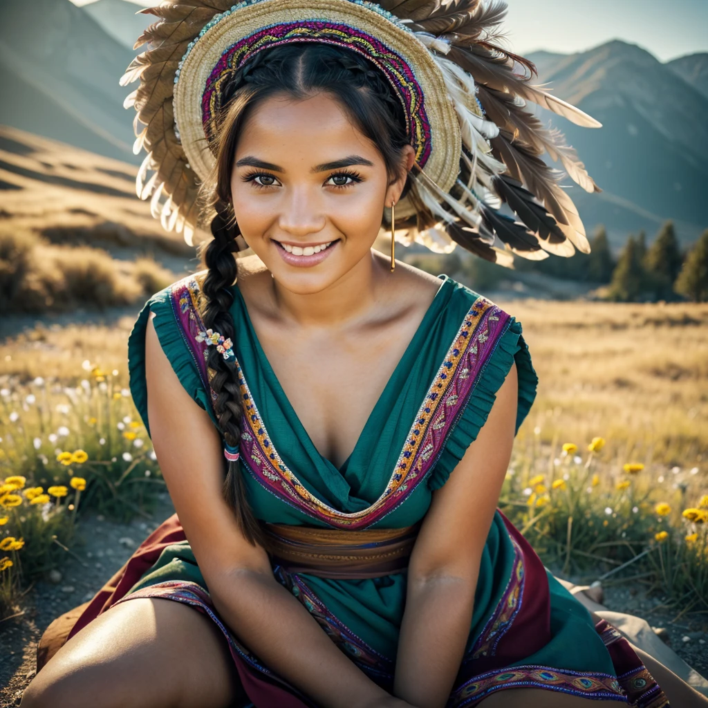 Masterpiece, absurdres,award winning photo, extremely detailed, amazing, fine detail, extremely detailed eyes and face, by lee jeffries nikon d850 film stock photograph 4 kodak portra 400 camera f1.6 lens rich colors hyper realistic lifelike texture dramatic lighting unrealengine trending on artstation cinestill 800 tungsten, beautiful 25 years old woman, smiling, excited, NativAm, a woman in a native dress , wearing NativAm, feathers on her head , braids, sitting on the green grass, flowers, mountains behind with her bear