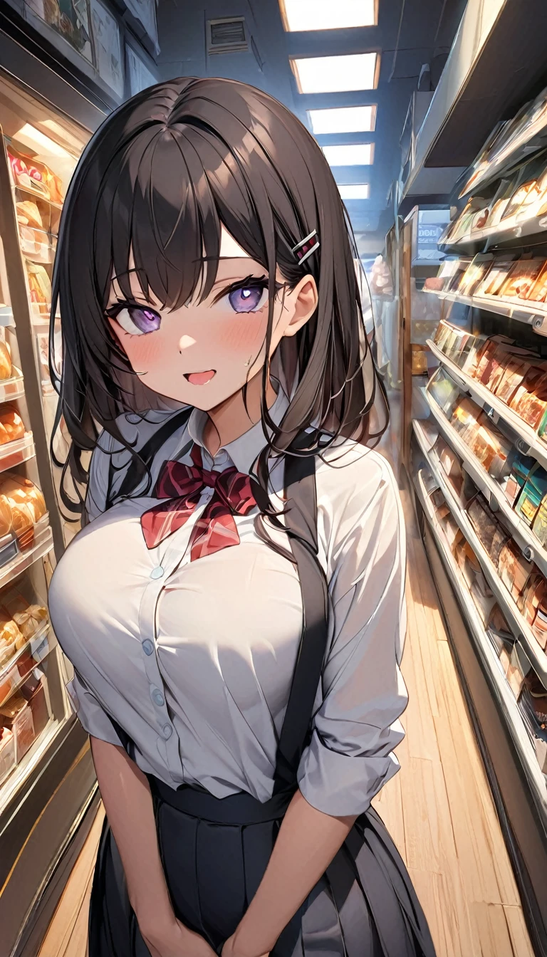 In front of the vending machine、high school girl、Black bob hair、hairpin、Open-mouthed expression of joy、Drooling((She stares at my penis with pleasure))、Hearts in the eyes、Large Breasts、Deep valley、Open the buttons on your shirt、nsfw