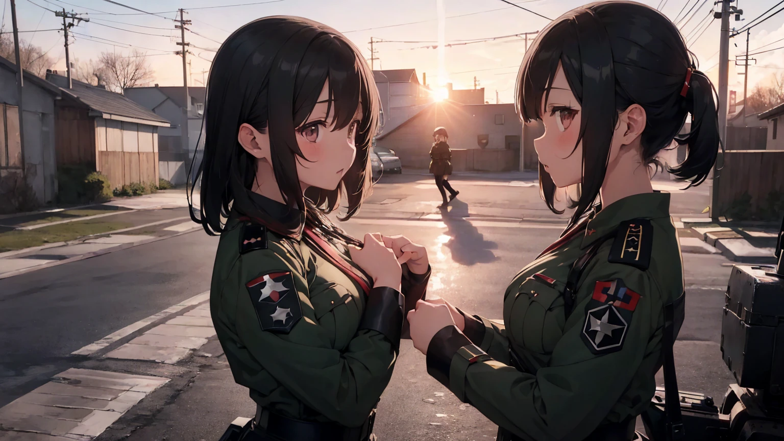  Gestapo uniform, female lesbian  kawaii sisters kissing passionately with T-54 military tank. wearing Luftwaffe uniforms. 8k. masterpiece. best quality. best artwork. lingerie. Swastika insignia red armband. busty bare breasts. nipples.  sunset. snowing. warzone 