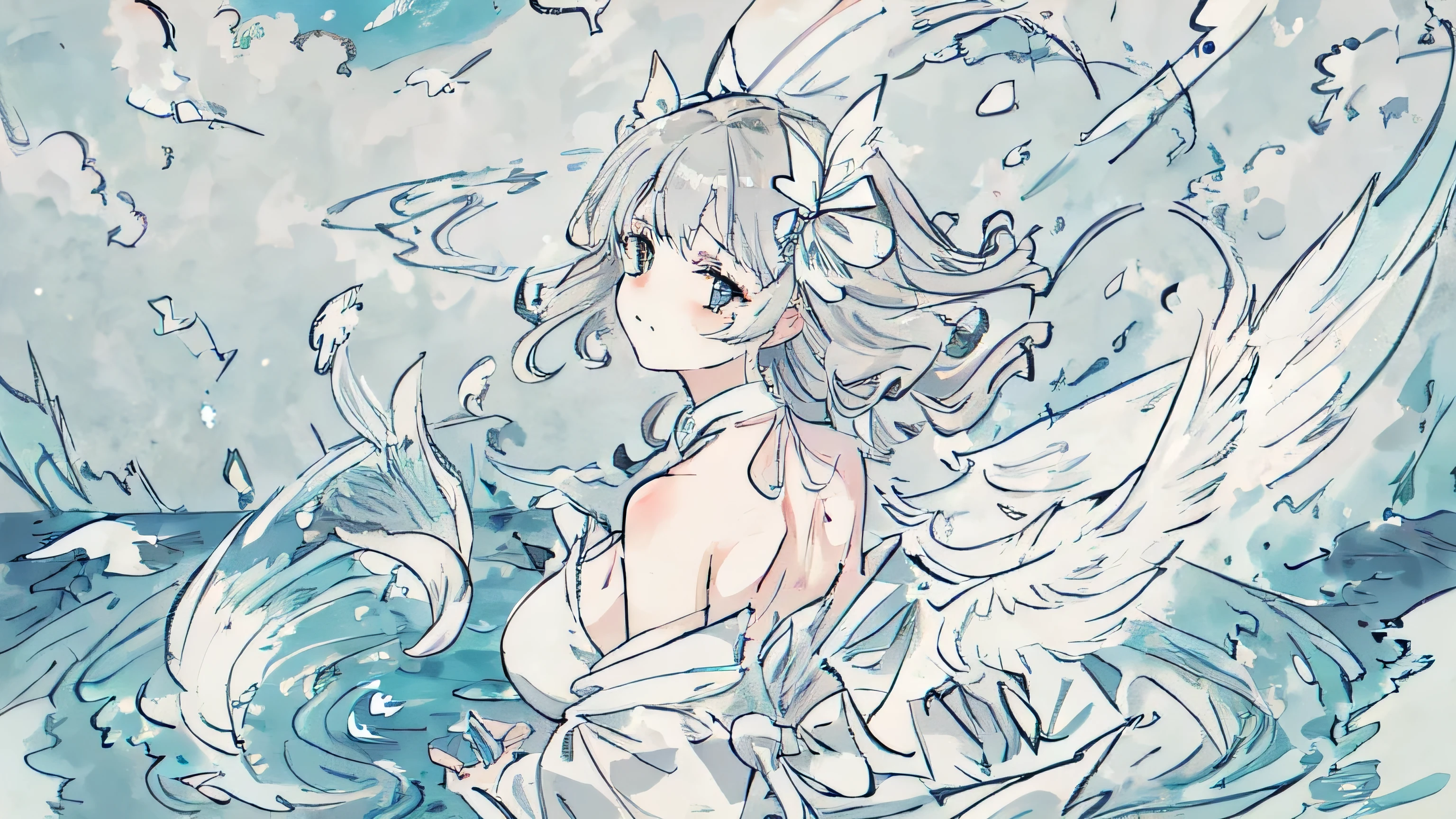 1 Girl,whole body,Beautiful and delicate eyes, Moderate_breast, Long hair,Gray hair, Gray eyes, curls, Bangs, smug, Double tail, Beautiful and detailed sky, Beautiful and delicate water, dramaticangle, ((back to the viewers)),(Extremely delicate and beautiful),,黑Ribbon,A faint smile, ((SFW)), trumpet,Big scene,Flying feathers,Ribbon,Complex scenes