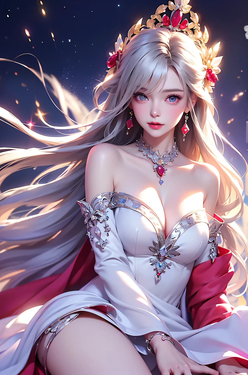 (masterpiece:1.5, Highest quality, Very detailed、 Dutch Angle、Semi-realistic、Fantasy)(One Girl, alone)(White and beautiful hair:1.6,,Straight Long Hair)(White based dress、Fantasy Costume)、((Off the shoulder、Mid-chest、ruby ​​necklace))(Beautiful cleavage、Legs wrapped in tights)(Beautiful starry sky、Mystical Night、Particles of light float around the woman、Fantasy space) Waiting to start
