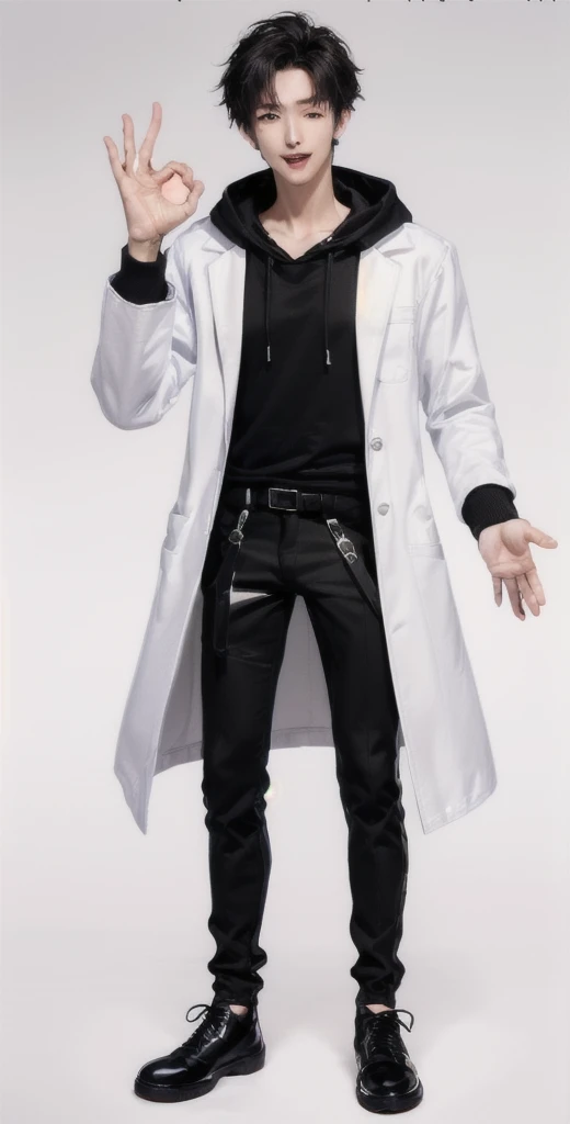 (OK Sign.:1.4),(photorealistic:1.2), (high detail face:1.3), (high detail hands:1.3), (anatomically correct hands:1.2), handsome young asian man, Japanese idol style, short clean-cut hair, ((center part)), (crisp white lab coat:1.3), ((black hoodie underneath:1.2)), (black pants:1.2), (black shoes:1.2), (enthusiastic expression:1.3), ((explain pose:1.4)), (both arms raised:1.3), (clenched fists:1.3), (energetic stance:1.2), plain white background, mid-shot portrait, full body view, high quality, detailed, 8K, (realistic skin texture:1.2), (sharp focus:1.1), (contrast between white coat and black clothing:1.2)