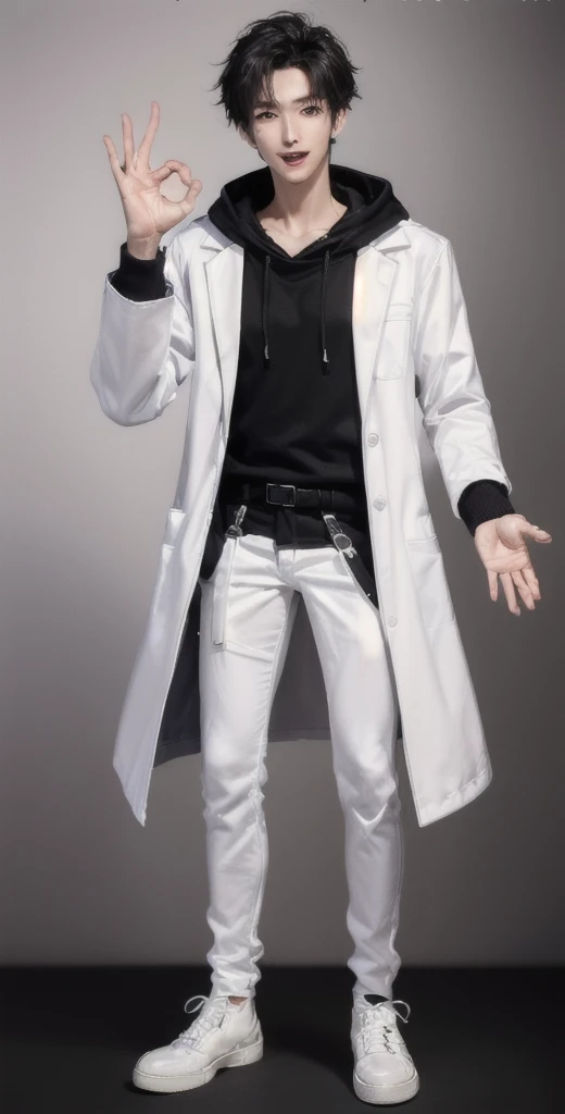 (OK Sign.:1.4),(photorealistic:1.2), (high detail face:1.3), (high detail hands:1.3), (anatomically correct hands:1.2), handsome young asian man, Japanese idol style, short clean-cut hair, ((center part)), (crisp white lab coat:1.3), ((black hoodie underneath:1.2)), (black pants:1.2), (black shoes:1.2), (enthusiastic expression:1.3), ((explain pose:1.4)), (both arms raised:1.3), (clenched fists:1.3), (energetic stance:1.2), plain white background, mid-shot portrait, full body view, high quality, detailed, 8K, (realistic skin texture:1.2), (sharp focus:1.1), (contrast between white coat and black clothing:1.2)