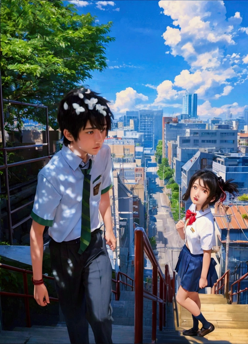Boy and girl, taki and mitsuha, kimi no nawa, make a picture to realisistic picture, ultra realistic, super detailed, high resulution, highschool uniform clothes, asian face and detailed natural face, detailed background like a real photography.