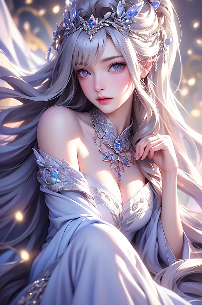 (masterpiece:1.5, Highest quality, Very detailed、 Dutch Angle、Semi-realistic、Fantasy)(One Girl, alone)(White and beautiful hair:1.6,,Straight Long Hair)(White based dress、Fantasyの衣装)、((Off the shoulder、Mid-chest、ruby necklace))(Beautiful cleavage、Legs wrapped in tights)(Beautiful starry sky、Mystical Night、Particles of light float around the woman、Fantasy space) Waiting to start
