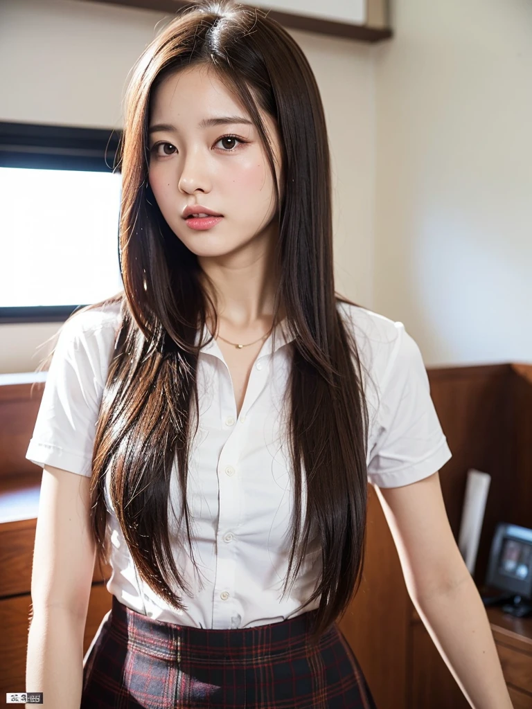 Mature Young,Erotic style,very cute,whole body,Beautiful and soft skin、Perfect Face、Gorgeous long brown hair,8k resolution,Ultra-realistic,Very detailed,high quality,Fashionable erotic beautiful immature woman ,Student Uniform、(Look at the viewers)