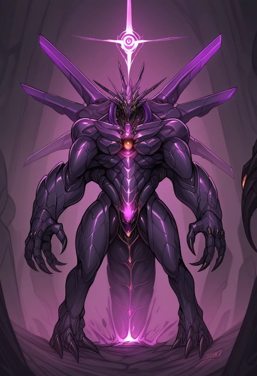 score_9, score_8_up,(machina),1 male,humanoid.,mechanical deity,black metal body,robot joint,purple scheme,glowing trims,standing,dark purple,void,faceless robot,black armor,dark fantasy,sharp claws,four arms,black cloaks