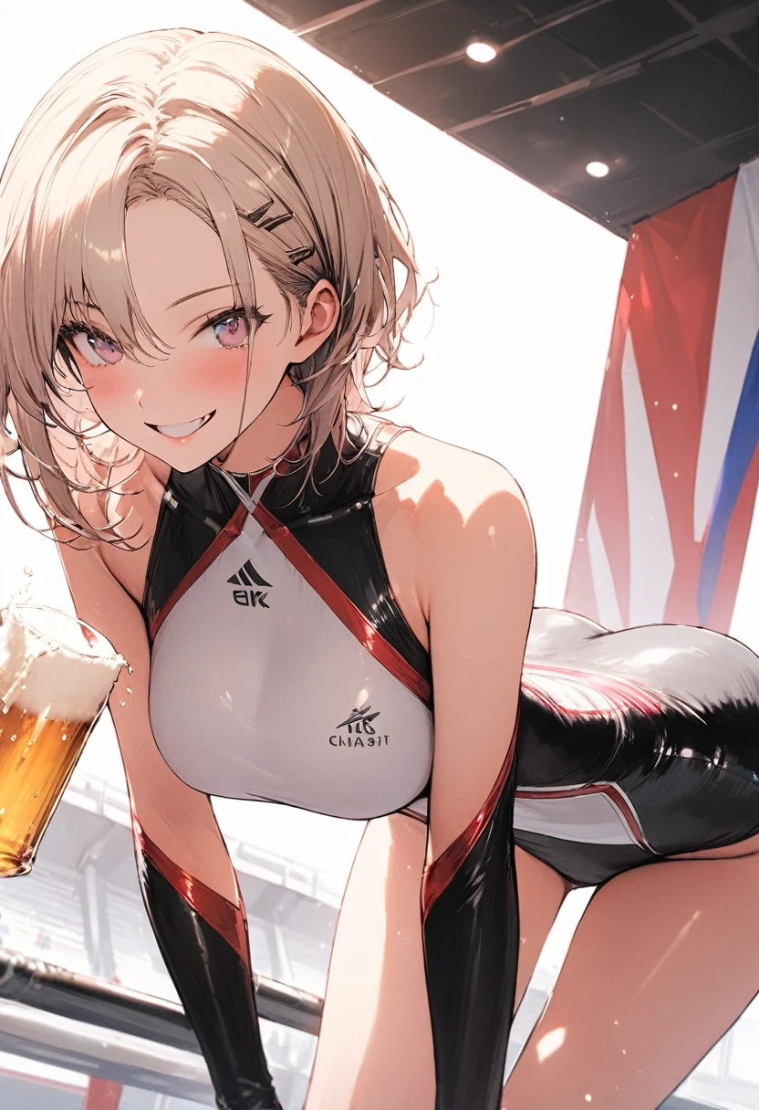 high quality,High resolution,16K,Sharp lines,1 girl,Female gymnast ,Cute Face, Large Breasts, Beautiful legs,At the gymnastics venue,Focus Girl,Beautiful face in every detail,Detailed clothing,Beautiful Eyes,nice,Dynamic Angle、Drinking beer