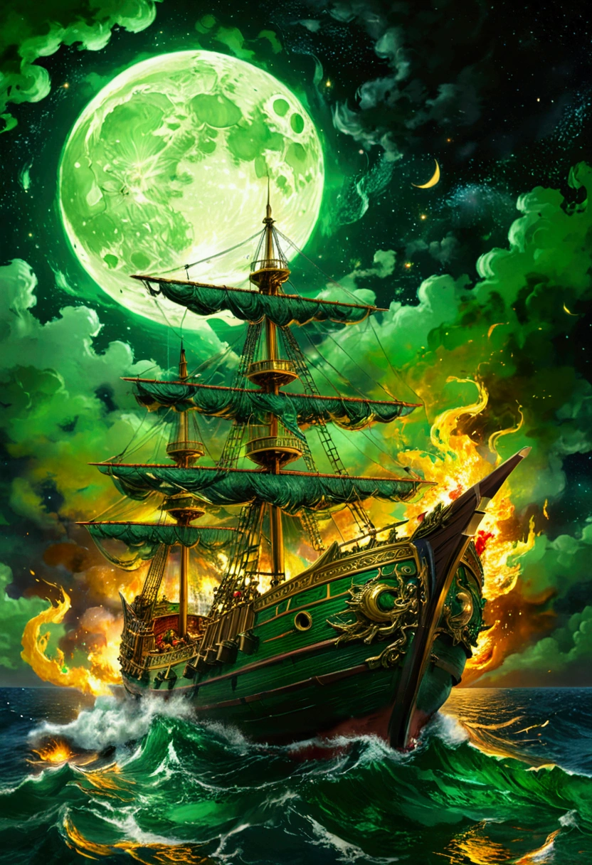 extremely detailed 8k wallpaper,(highly detailed:1.1), ((masterpiece:1.1)),[anime:Impasto:0.5], intricate , fantasy,(1ship),(ocean:1.2),[golden boat:golden boat with (green fire:1.2):0.1], clear sky ,wind ,beautiful sky,(nightsky),(galaxy), (huge blood moon in the background:1.05) 