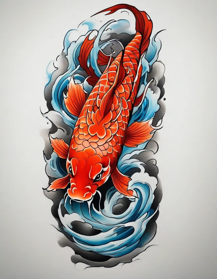 ((solo Koi fish)), Traditional Japanese tattoo design, realistic tattoo art of a red Koifish swimming up stream on wavy water, the background is Japanese wave tattoo with autumn leaves effects, (Unity 16K Wallpaper, masterpiece, Best Quality, high quality, Ultra-detailed, extremely details), ((solo dragon)), ((solo Koi fish)), Traditional Japanese tattoo design, realistic tattoo art of a red Koifish swimming up stream on wavy water, the background is Japanese wave tattoo with autumn leaves effects, 
