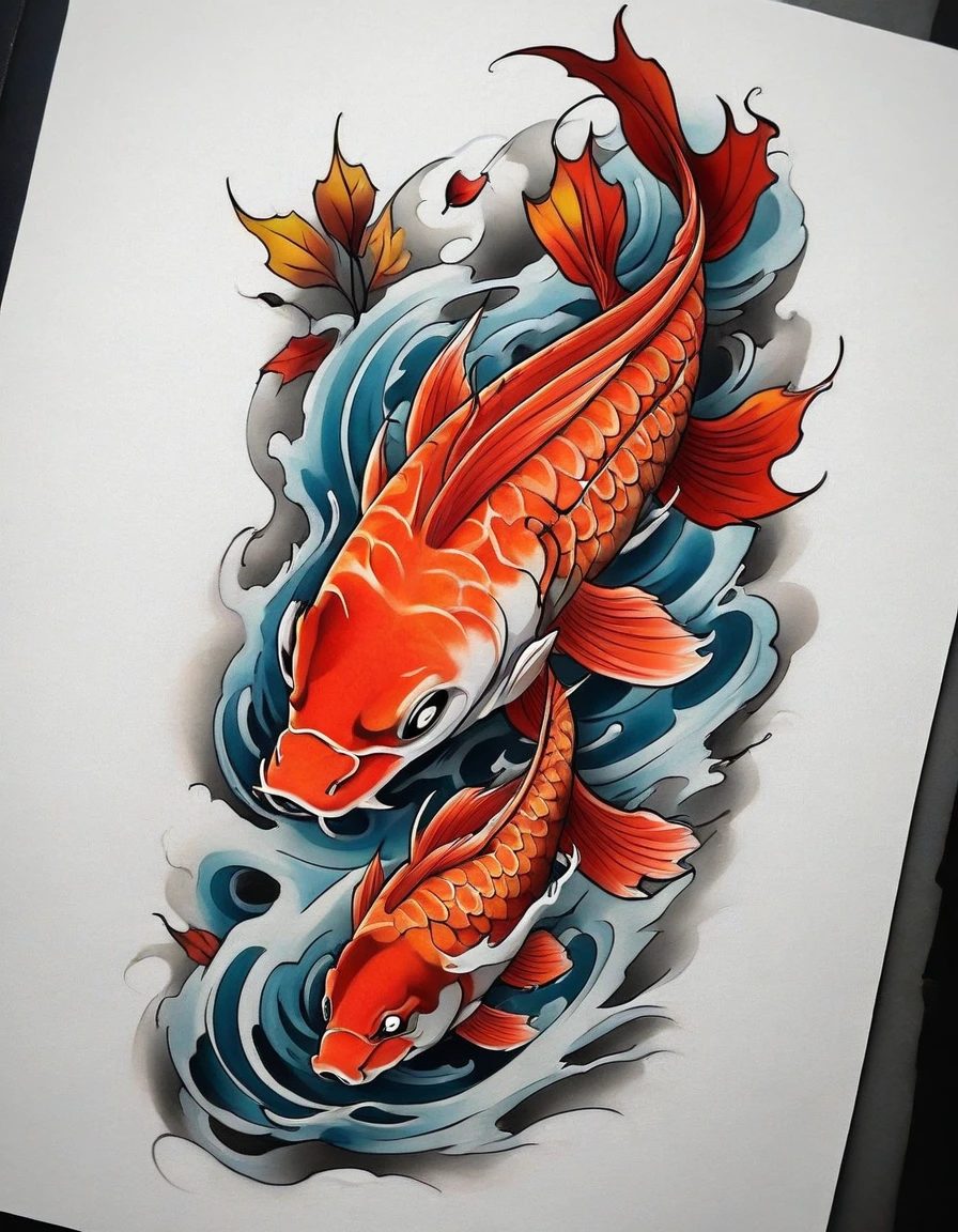 ((solo Koi fish)), Traditional Japanese tattoo design, realistic tattoo art of a red Koifish swimming up stream on wavy water, the background is Japanese wave tattoo with autumn leaves effects, (Unity 16K Wallpaper, masterpiece, Best Quality, high quality, Ultra-detailed, extremely details), ((solo dragon)), ((solo Koi fish)), Traditional Japanese tattoo design, realistic tattoo art of a red Koifish swimming up stream on wavy water, the background is Japanese wave tattoo with autumn leaves effects, 
