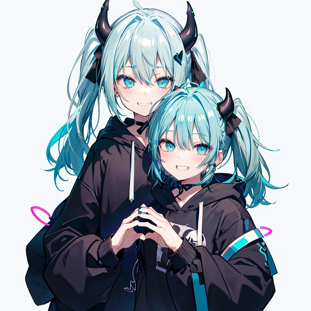 ((((jagged、Open your mouth、Grin Blue Background shining heart front)))) (((Black hoodie Wearing a hood Devil horns heart iris close Neon blue hair Twin tails Making a heart with both hands))) ((Shiny Earrings Small black ribbon)) Shining Edges Shining Background