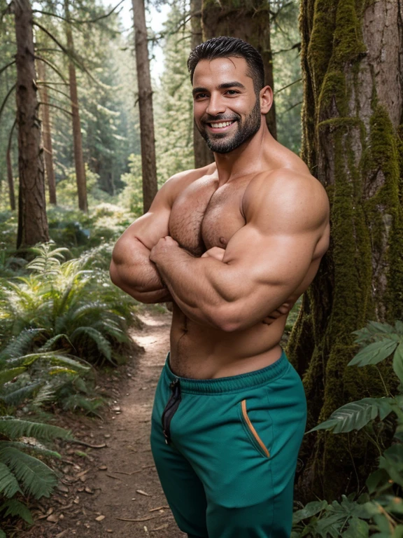 Masterpiece, Best Quality, High resolution, (1 chico:1.4), hiker, in hiking clothes, in hiking pants, male focus, focus alone, tanned skin, 38-year-old man in forest, muscular, strong, furry, masculine, in the forest, natural lighting, amazing composition, front view, HDR, volumetric lighting, (plano general, FROM THE FRONT:1.2) (GS-Macho :1.5) (magnificent landscape:1.2), macho, thick forearms, thick arms, huge thighs, charming smile with teeth, winking at camera, raunchy, scruff