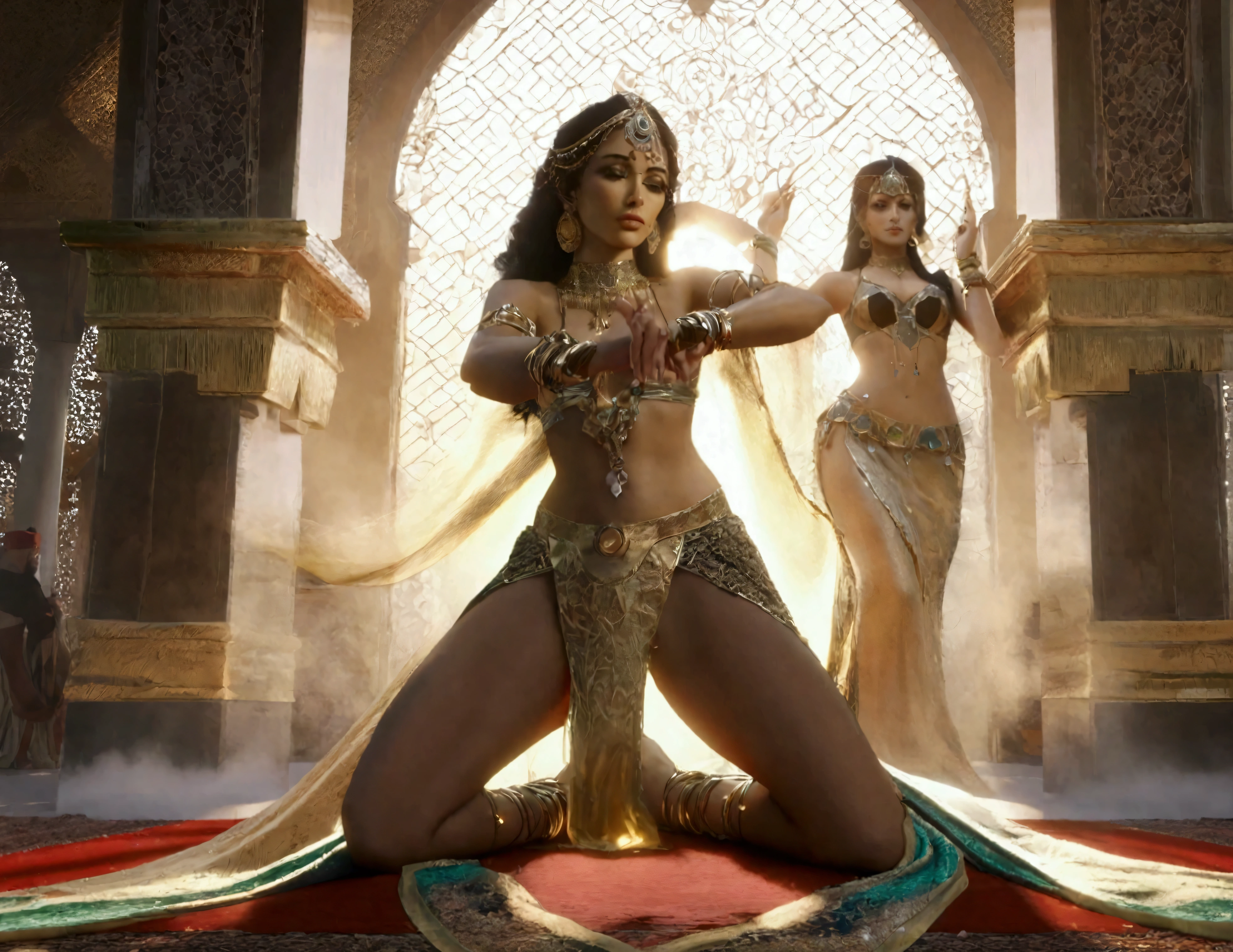 (best quality,4k,highres,masterpiece:1.2),ultra-detailed,(realistic,photorealistic,photo-realistic:1.37),Sultan's harem,hint of mystery and seduction,opulent palace,bathed in soft golden light,dramatic shadows,dazzling jewel-toned fabrics,ornate and intricate silk and lace costumes,lavish interiors,elaborate decorative motifs,exquisite patterns and designs,aromatic incense filling the air,several scantily clad women,exotic beauty,perfectly sculpted bodies,competing for attention,alluring and flirtatious gazes,playful teasing and laughter,intricate adornments in their hair and on their bodies,golden bangles and delicate anklets,jeweled belly chains,swirling and sinuous movements,sensual and suggestive belly dance,fluid and graceful gestures,lust and passion in their eyes,dynamic and captivating performance,mesmerizing rhythm of the music,intense energy and sensuality,exotic and erotic atmosphere,opulence and desire intertwined,a celebration of feminine power and beauty,delighting the Sultan's senses and consuming his thoughts.