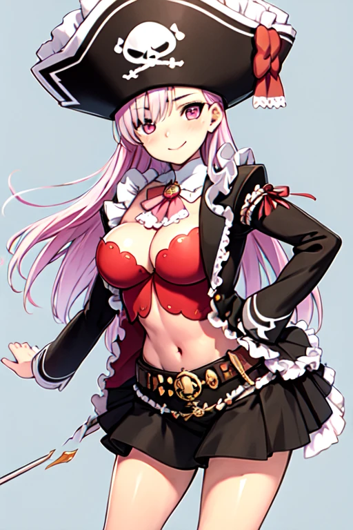 masterpiece, high res, detailed face, detailed eyes, 1 girl, solo,  pink hair, pink eyes, long hair, pirate hat, red bowtie, pirate costume, long sleeves, belt, black skirt, smile, closed mouth, simple background