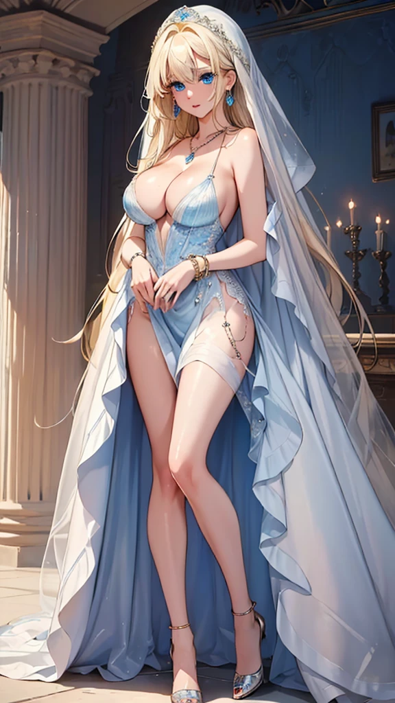 (((masterpiece, ultra HD, high resolution, ultra HD 8K))), one woman, (((shining blue eyes, highlight on eyes))), shining blonde long hair, earrings, (((sexy See-through hugging dress))), big breasts, (((beautiful face, beautiful body, tall, beautiful hands and legs, cleavage))), necklace, bracelet, ring, anklet, transparent high heels, fashion model pose, beautiful full body standing figure
