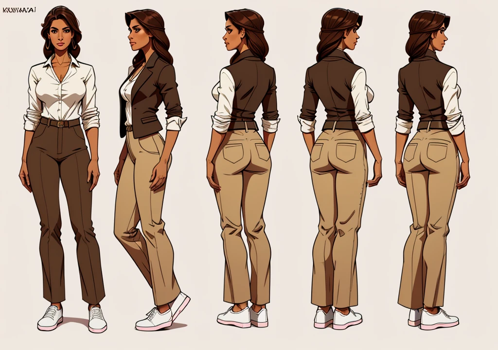 Priya Vantari, Flat colors, full body, turnaround, character sheet, front view, side view, back view, of a 35 year old professional looking girl, tan skin, dark brown hair, natural beauty, beautiful, tall, small size, loose clothing, blazer and blouse, trouser, heel shoes, simply white background 