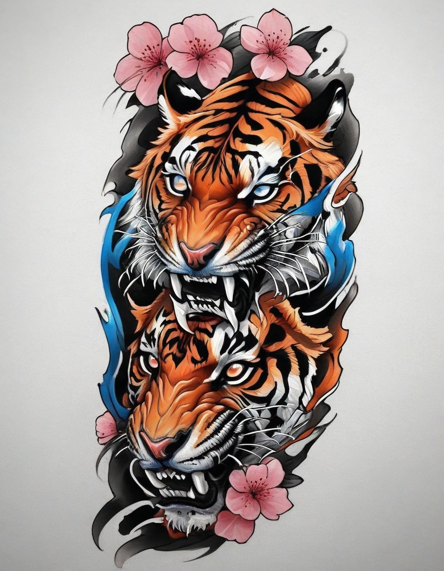 ((solo Tiger, 1 tiger)), Traditional Japanese tattoo design, realistic tattoo art of Orange tiger with Blue eyes, he is with open mouth looking very fierce and angry, the background is Japanese wave tattoo with with pink sakura petal effect, (Unity 16K Wallpaper, masterpiece, Best Quality, high quality, Ultra-detailed, extremely details), ((solo Tiger)), Traditional Japanese tattoo design, realistic tattoo art of Orange tiger with Blue eyes, he is with open mouth looking very fierce and angry, the background is Japanese wave tattoo with with pink sakura petal effect, solo Tiger, solo Tiger, solo Tiger, solo Tiger, solo Tiger, Scratching the viewer with fierce claw, Scratching the viewer with fierce claw, Scratching the viewer with fierce claw, Scratching the viewer with fierce claw, Scratching the viewer with fierce claw, 
