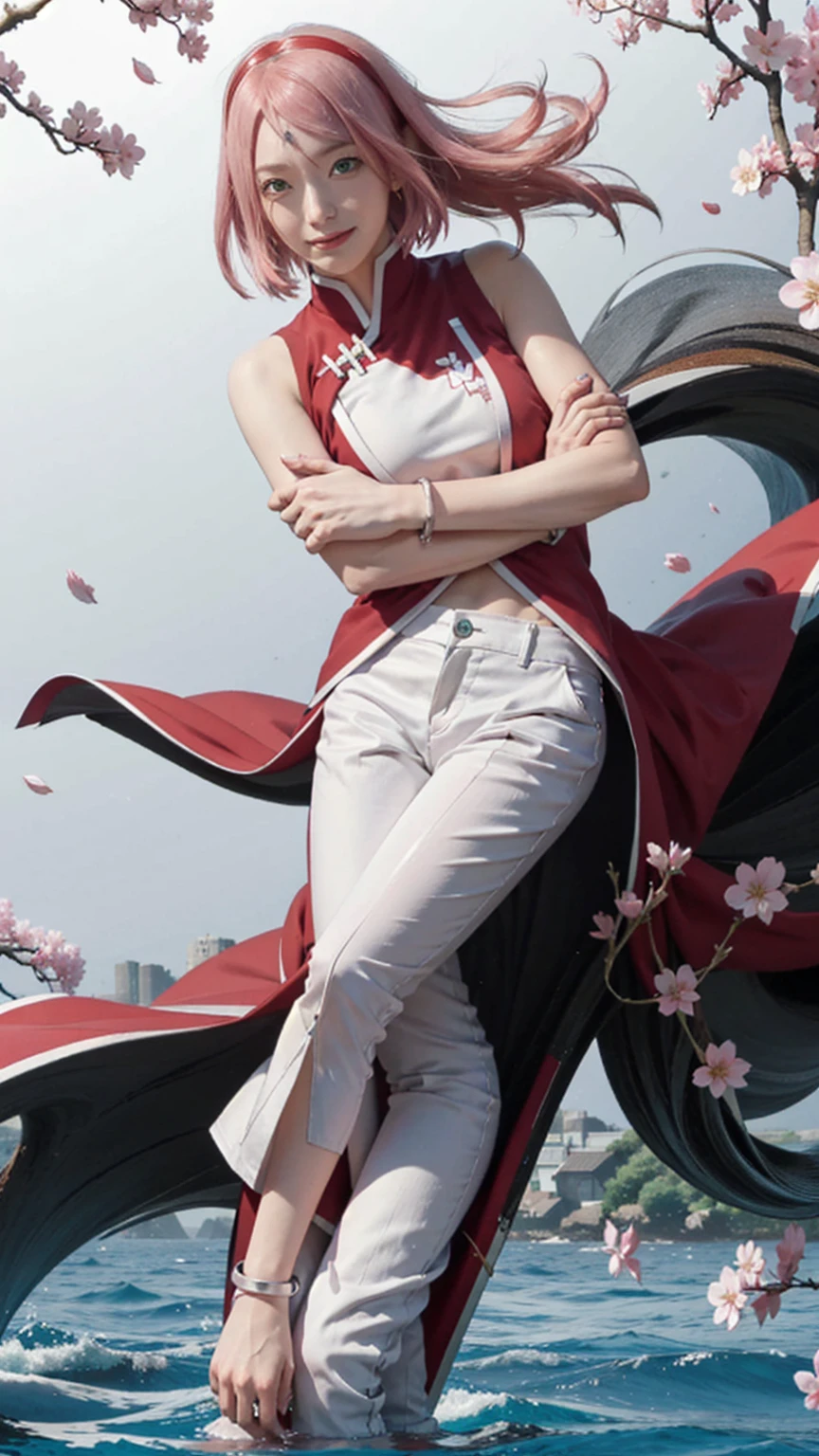 masterpiece, absurdres ,1girl, haruno sakura,forehead mark, red hairband, red sleeveless dress, white pants,navel, groin, bracelet, looking at viewer, crossed arms, smile, cherry blossoms, wind, floating hair,