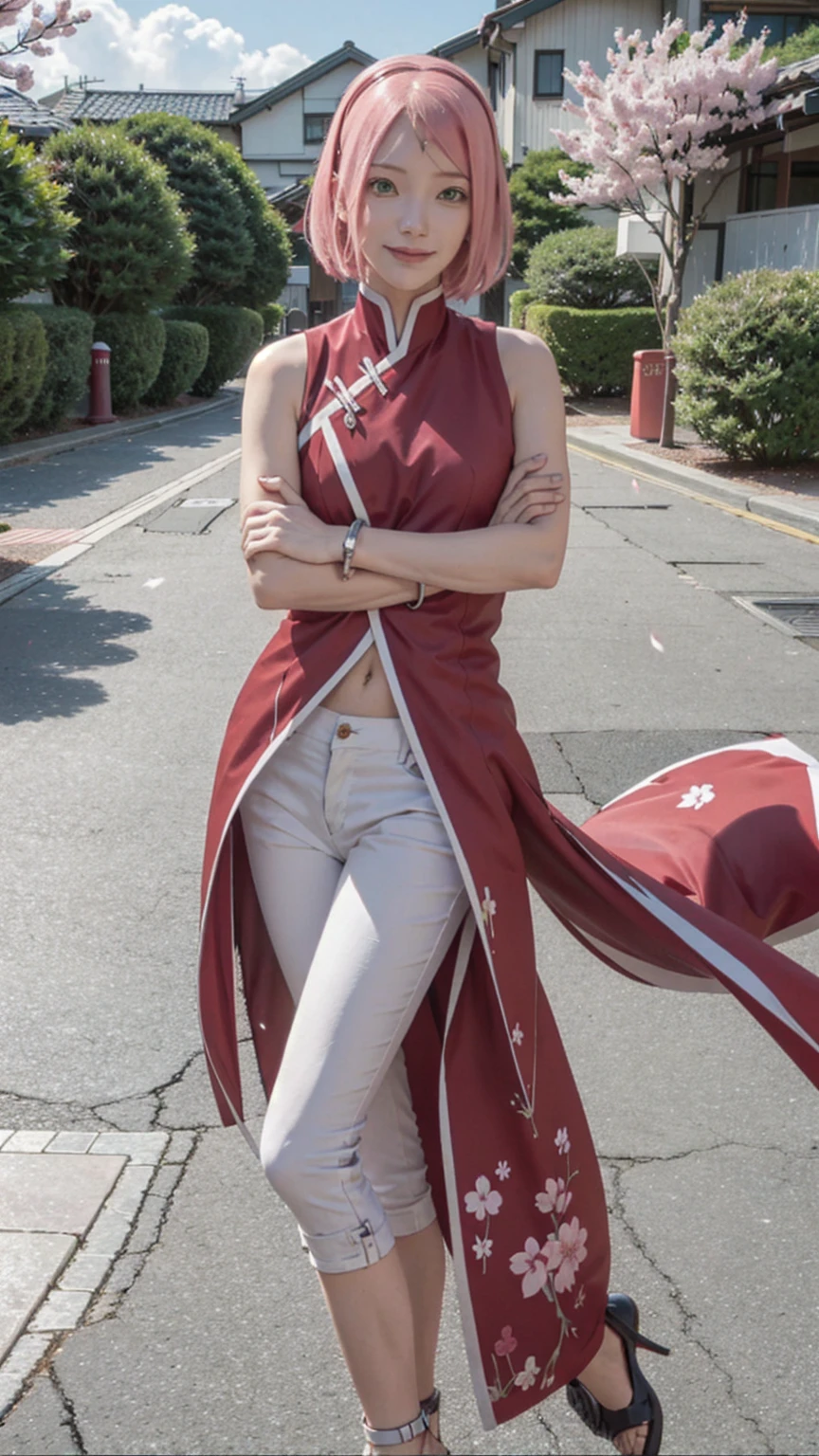 masterpiece, absurdres ,1girl, haruno sakura,forehead mark, red hairband, red sleeveless dress, white pants,navel, groin, bracelet, looking at viewer, crossed arms, smile, cherry blossoms, wind, floating hair,