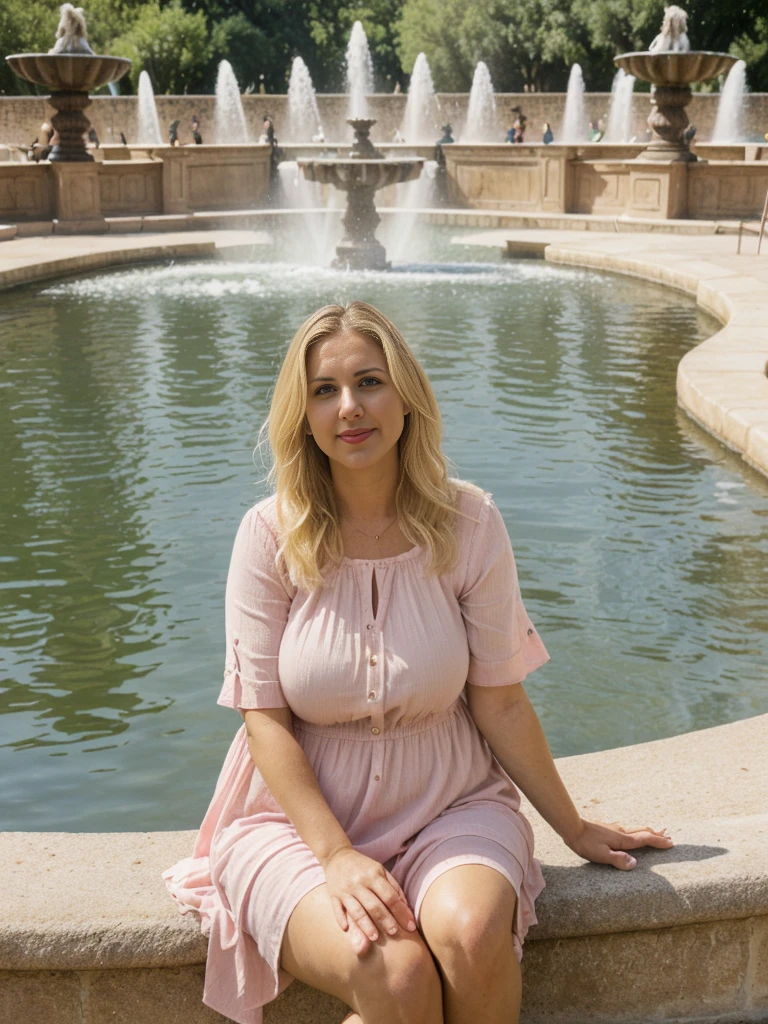 Xyrele, 1girl, solo, 30 years old, (((French face))), (((French nose))), (((French lips))), ((((chubby)))), (((wide hips))), (((blonde hair with a shade))), crinkly medium hair, ((Background: Sitting by the large fountains and ponds)), ((upper body and upper legs)), wearing pink Flowy Tunic Top