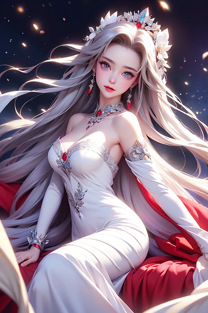 (masterpiece:1.5, Highest quality, Very detailed、 Dutch Angle、Semi-realistic、Fantasy)(One Girl, alone)(White and beautiful hair:1.6,,Straight Long Hair)(White based dress、Fantasyの衣装)、((Off the shoulder、Mid-chest、ruby necklace))(Beautiful cleavage、Legs wrapped in tights)(Beautiful starry sky、Mystical Night、Particles of light float around the woman、Fantasy space) Waiting to start