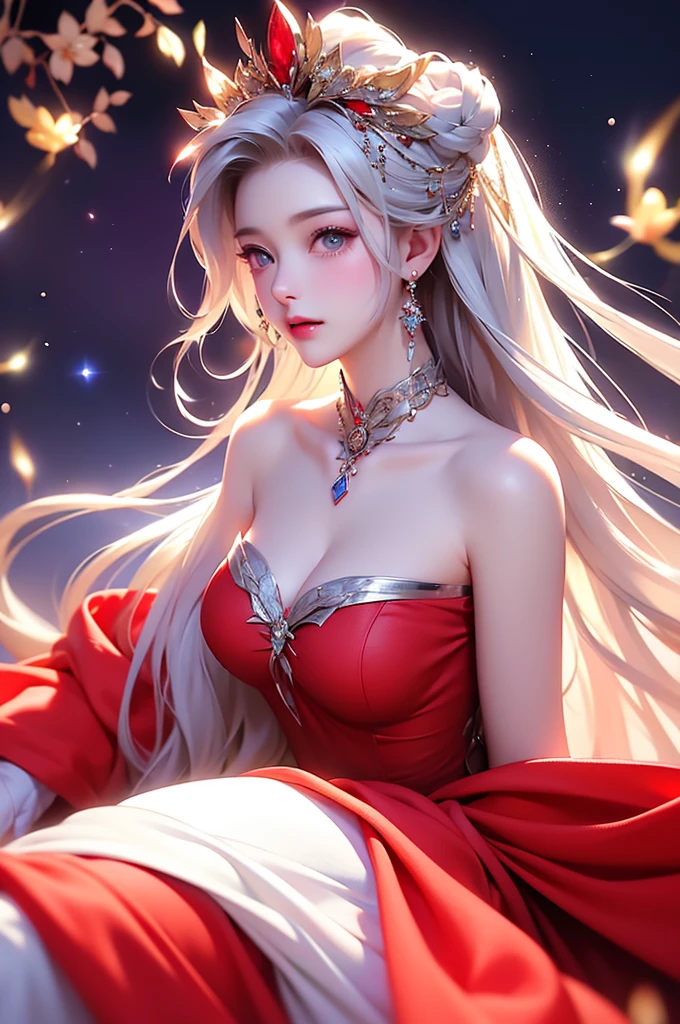 (masterpiece:1.5, Highest quality, Very detailed、 Dutch Angle、Semi-realistic、Fantasy)(One Girl, alone)(White and beautiful hair:1.6,,Straight Long Hair)(White based dress、Fantasyの衣装)、((Off the shoulder、Mid-chest、ruby necklace))(Beautiful cleavage、Legs wrapped in tights)(Beautiful starry sky、Mystical Night、Particles of light float around the woman、Fantasy space) Waiting to start