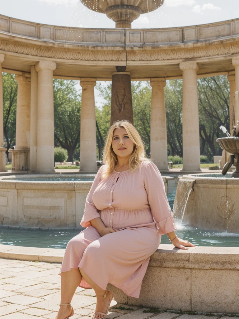 Xyrele, 1girl, solo, 30 years old, (((French face))), (((French nose))), (((French lips))), ((((chubby)))), (((wide hips))), (((blonde hair with a shade))), crinkly medium hair, ((Background: Sitting by the large fountain)), ((upper body and upper legs)), wearing pink Flowy Tunic Top